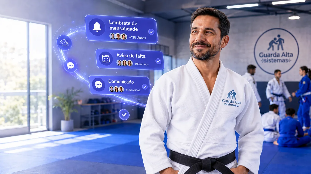 Gestor de academia de luta enviando lembretes automáticos de mensalidade e avisos para alunos pelo celular.