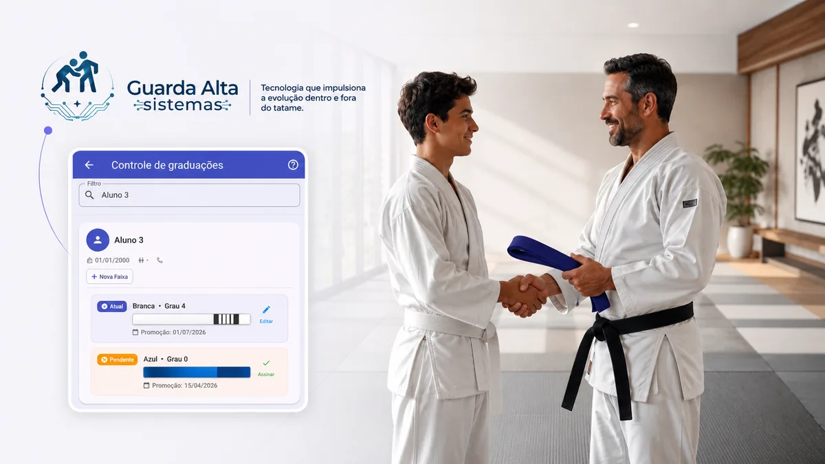 Mestre entregando graduação a aluno em academia de luta, com painel de histórico de presença e tempo de faixa ao lado.