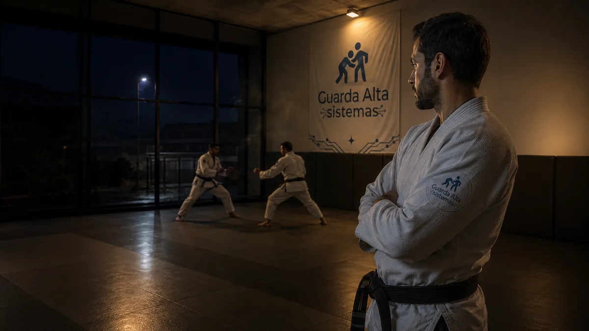 Tatame de academia de luta em manhã fria de inverno, com poucos alunos treinando de quimono e vapor no ar.